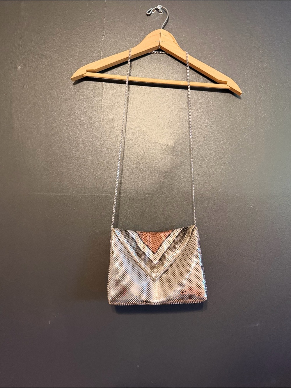 Vintage Whiting & Davis Tri-Color Metallic Chevron Envelope Clutch 1980's
